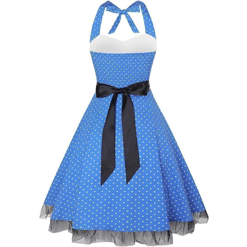 💙 NWT Pinup Retro 1950s Blue Polka Dot Tulle Hem Halter Tea Dress with Belt M - Picture 4 of 14